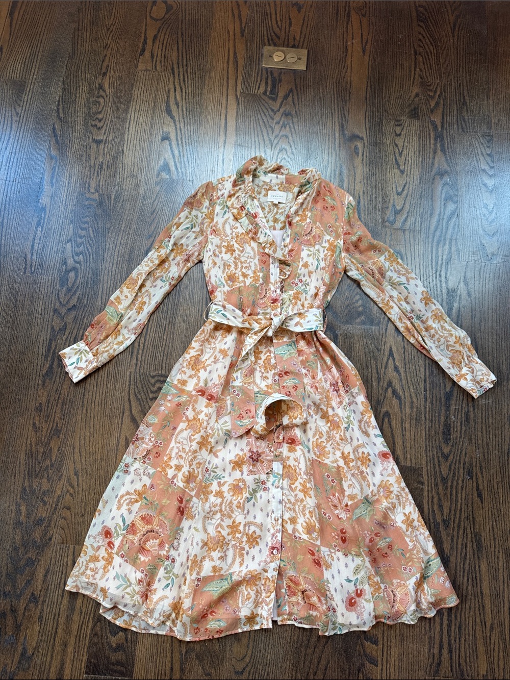 Sézane Floral Tie-Waist Button-Front Midi Dress in Peach